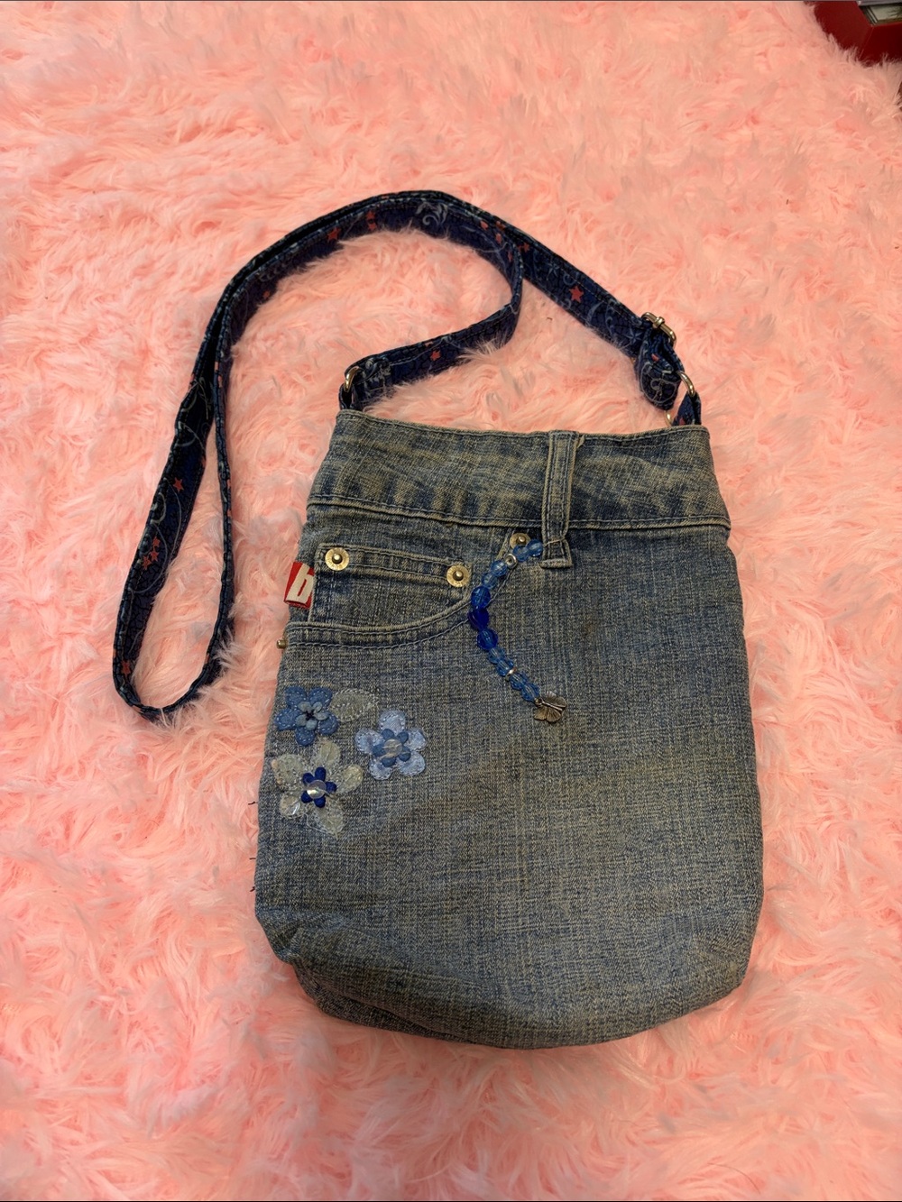 Handmade Denim Crossbody Bag with Blue Floral